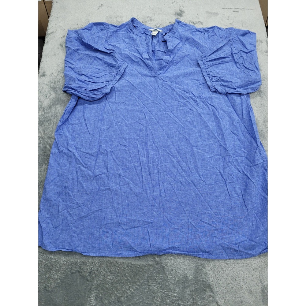H&M Tunic Women XXL Blue Linen Blend Puff Sleeve V-Neck Top